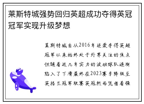 莱斯特城强势回归英超成功夺得英冠冠军实现升级梦想 莱斯特城强势回归英超成功夺得英冠冠军实现升级梦想