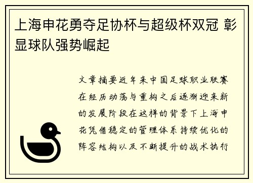 上海申花勇夺足协杯与超级杯双冠 彰显球队强势崛起
